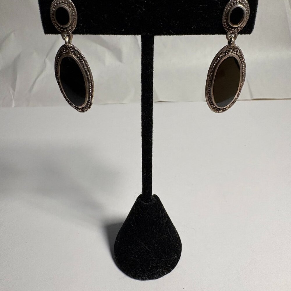 Vintage Mexican sterling silver, black abalone & marcasite dangle earrings